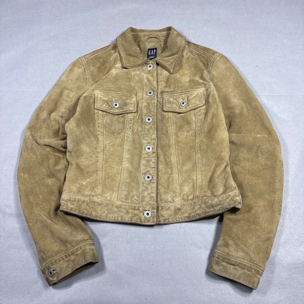 Gap Womens Tan Suede Leather Trucker Jacket Button Front Vintage Style Small